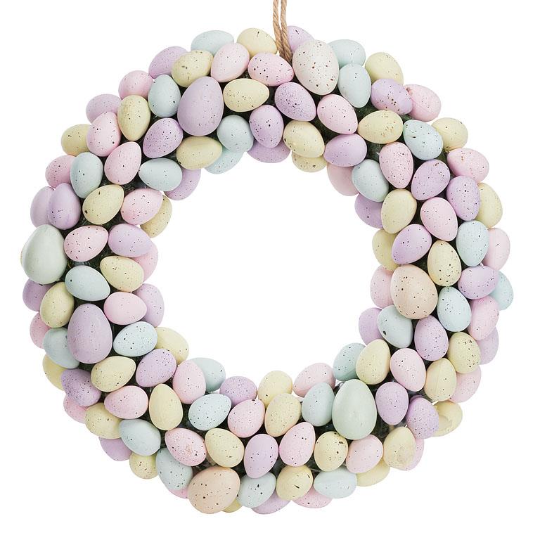 wreath covered in pastel mini eggs