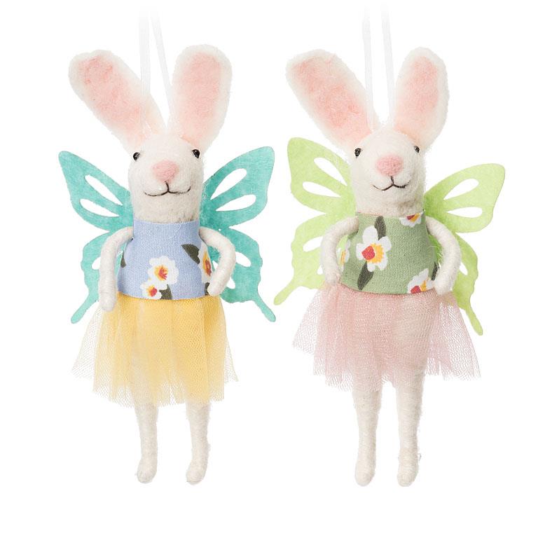 felt ornament of white bunny with flower top, tulle tutu, and butterfly wings